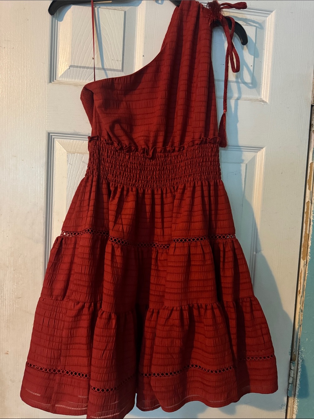 Taylor One-Shoulder Tiered Dress in Deep Red